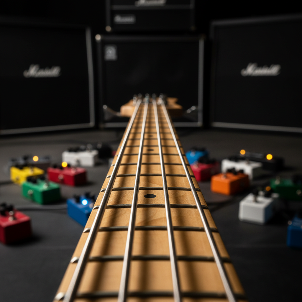A dramatic close-up of a bass guitar’s fretboard captured from the nut looking down the neck, strings stretching toward a blurred amplifier stack in the background. The maple neck shows faint wear, and the metal frets gleam under warm, directional studio lighting that creates bold highlights and elongated shadows along the wood grain. Colorful guitar pedals form a soft bokeh trail on the floor behind, their indicator LEDs glowing like tiny stars. The photographic realism emphasizes texture and detail, with a shallow depth of field drawing the eye along the length of the strings. The mood is focused and intense yet playful, perfectly suited to illustrating articles about bass riffs, tone, and technique.