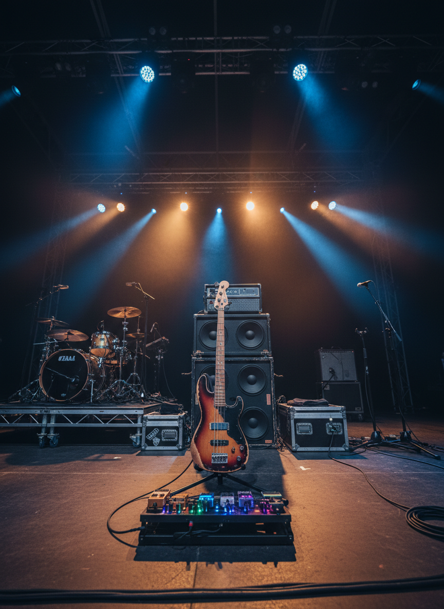 A low-angle, wide photographic view of a concert stage setup before the show, with no people present. Center frame is a well-worn bass guitar resting on a stand in front of a towering bass cabinet, its cables neatly routed to a pedalboard glowing with multicolored lights. Around it sit an empty drum kit, mic stands, and closed flight cases. Overhead, stage lights cast a mix of deep blues and warm ambers, creating dramatic beams and soft haze in the air. The atmosphere is electric and anticipatory, playful yet powerful, as if sound could explode at any second. Sharp focus in the foreground with a slight depth falloff toward the darkened back of the stage, capturing a modern live-music blog aesthetic.