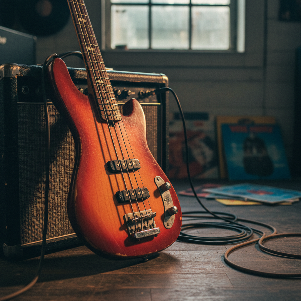 A close-up of a vintage sunburst electric bass guitar leaning against a worn tube amplifier on a scuffed wooden rehearsal-room floor. The bass has a glossy finish, chrome hardware, and slightly tarnished strings that catch the soft golden-hour light streaming through a high basement window. Coiled instrument cables snake casually across the floor, with scattered vinyl record sleeves blurred in the background. Photographic realism with vibrant, playful colors, captured from a slightly low, three-quarter angle with shallow depth of field, focusing on the lower frets and pickups. The mood is energetic yet laid-back, evoking late-night jam sessions and concert anticipation, with gentle shadows adding depth and texture to the scene.