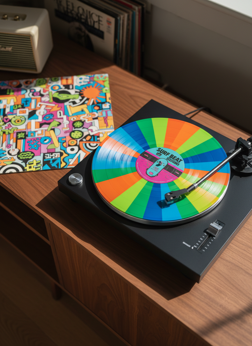 An overhead photographic shot of a matte-black turntable on a mid-century walnut console, spinning a brightly colored vinyl record with a bold, graphic center label. The tonearm is gently lowered toward the groove, and beside it rests an open record sleeve featuring abstract artwork inspired by surf and skate culture. Soft afternoon window light washes across the wood grain, casting long, subtle shadows and highlighting the dust-free, pristinely clean setup. In the softly blurred background, stacked records and a small, retro bookshelf speaker add context. The composition uses rule of thirds with a modern, playful aesthetic, evoking a relaxed weekend listening session with crisp, realistic detail and rich, saturated colors.